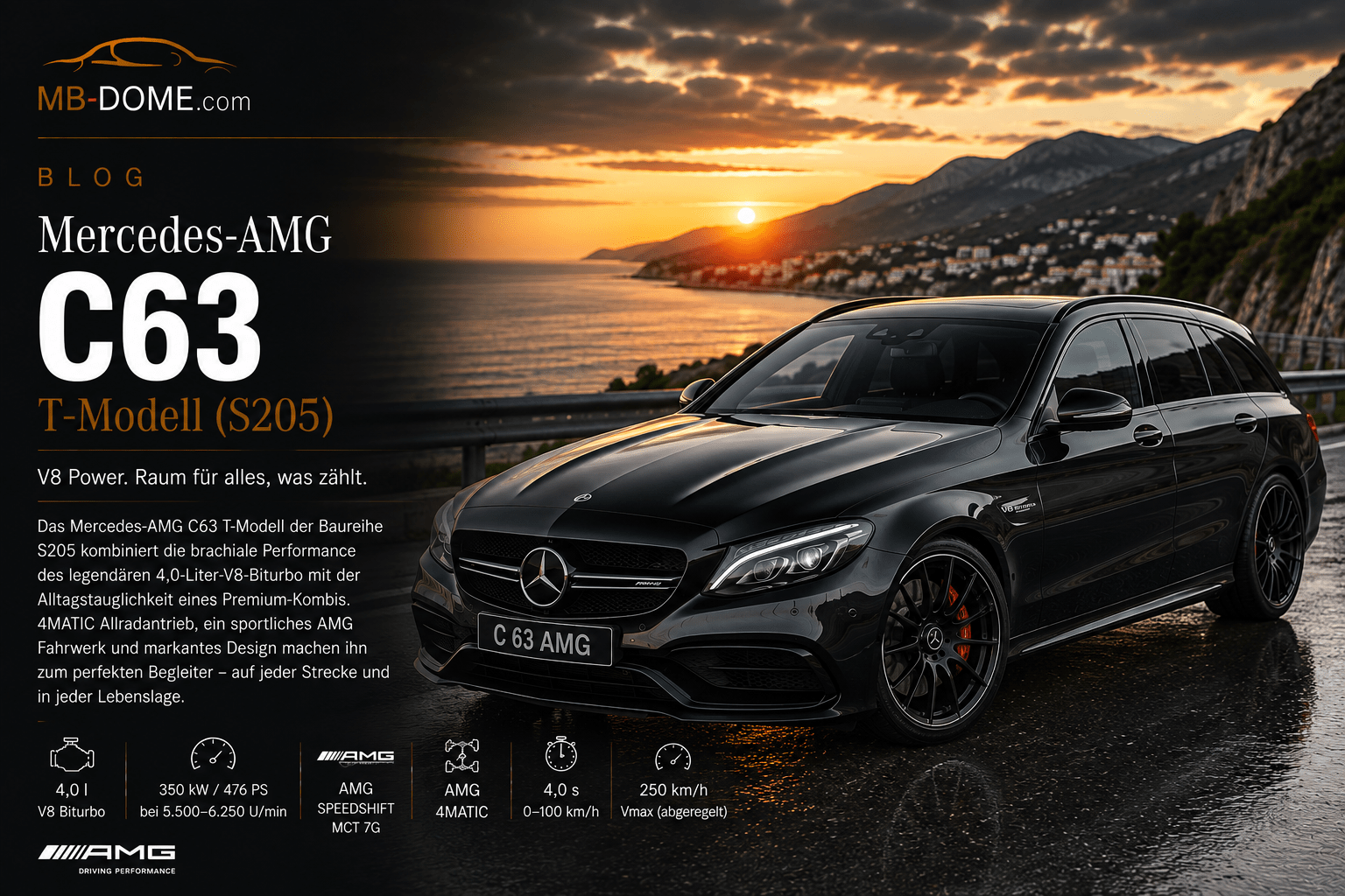Schwarzes Mercedes-AMG C 63 T-Modell der Baureihe S205 in Frontansicht vor einer Küstenlandschaft bei Sonnenuntergang