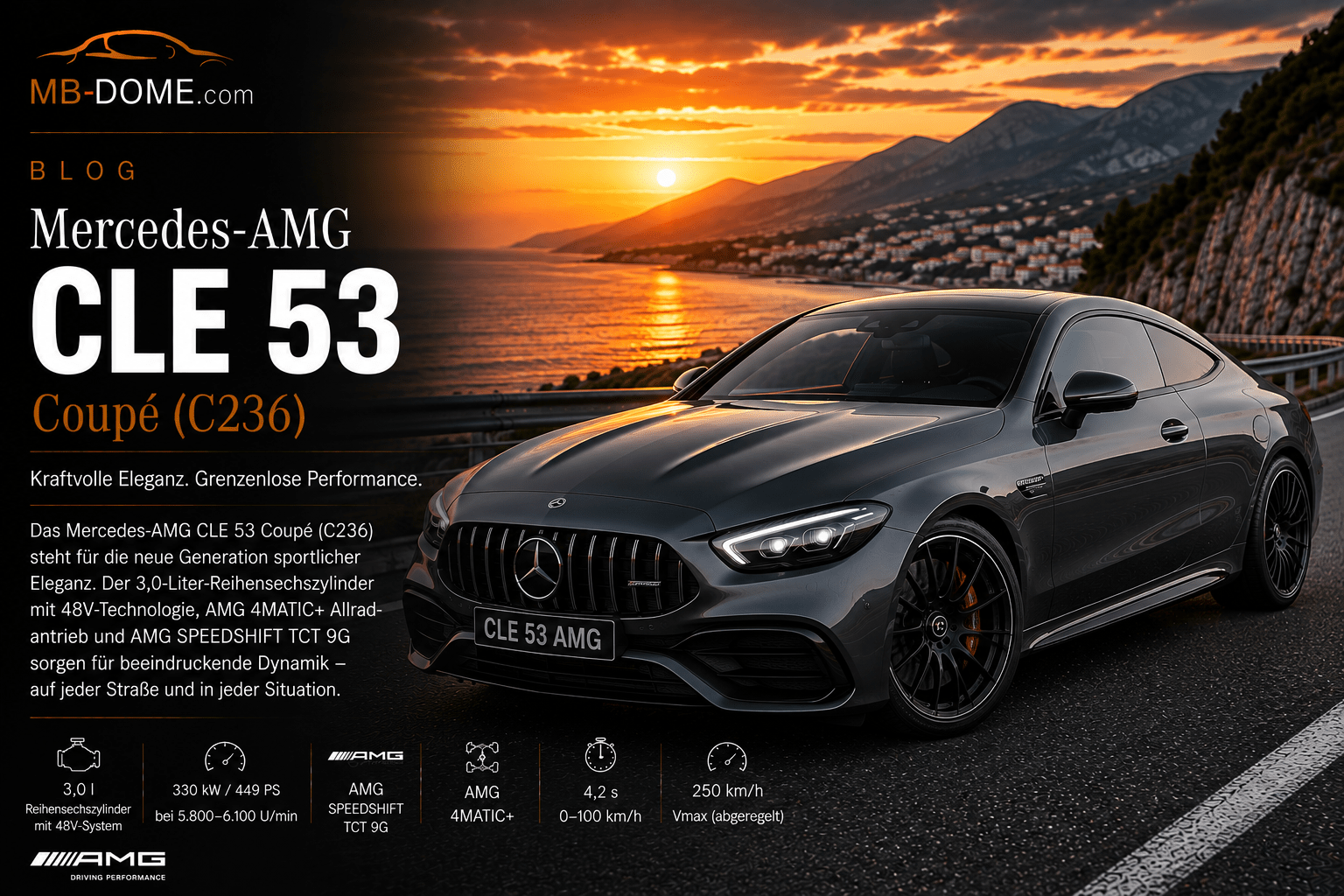 Graues Mercedes-AMG CLE 53 Coupé der Baureihe C236 in vorderer Dreiviertelansicht auf einer Küstenstraße bei Sonnenuntergang