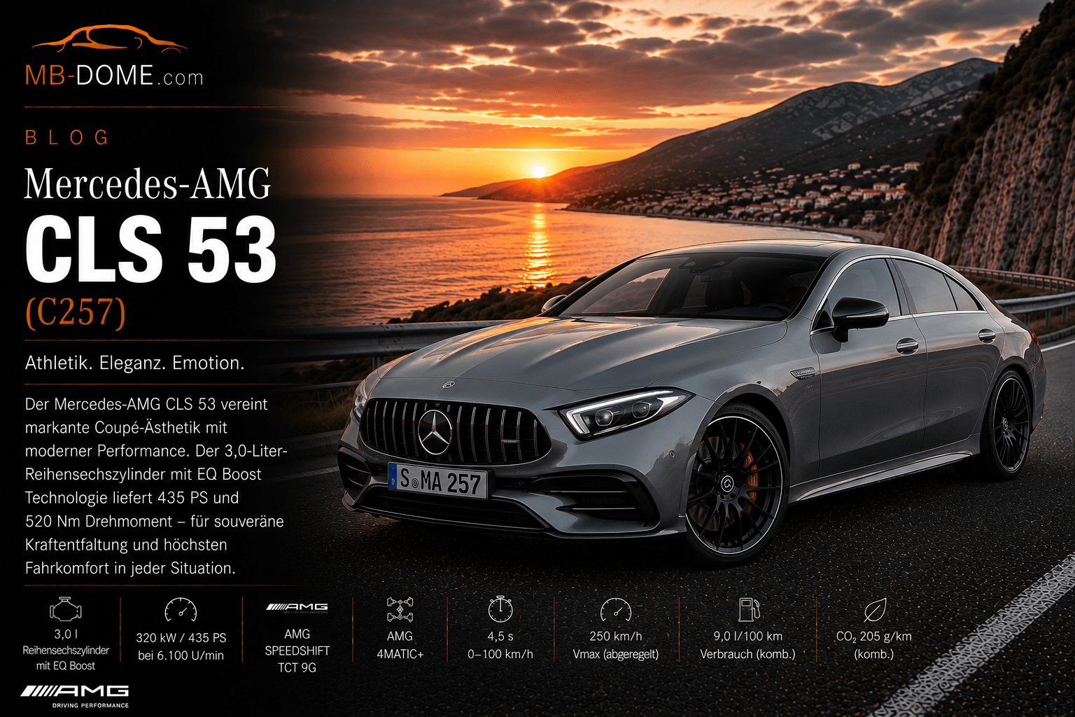 Grauer Mercedes-AMG CLS 53 der Baureihe C257 in vorderer Dreiviertelansicht auf einer Küstenstraße bei Sonnenuntergang