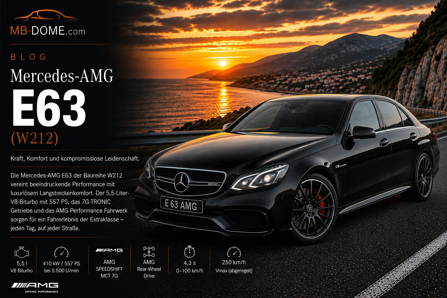 Schwarze Mercedes-AMG E 63 Limousine der Baureihe W212 in vorderer Dreiviertelansicht auf einer Küstenstraße bei Sonnenuntergang