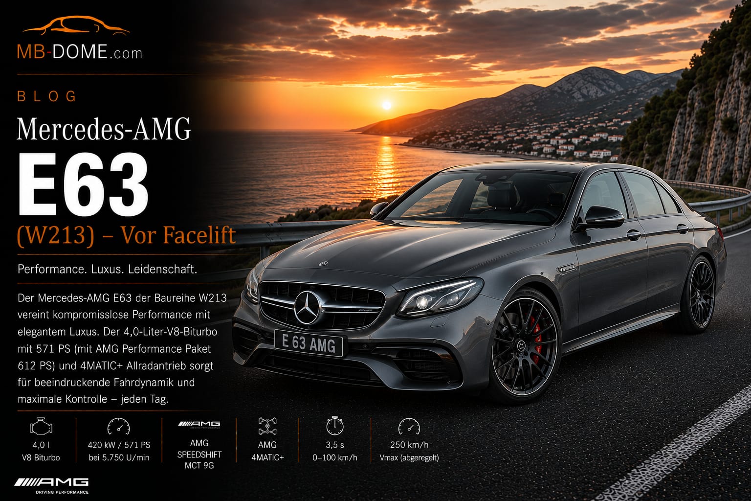 Selenitgraue Mercedes-AMG E 63 Limousine der Baureihe W213 in vorderer Dreiviertelansicht auf einer Küstenstraße bei Sonnenuntergang