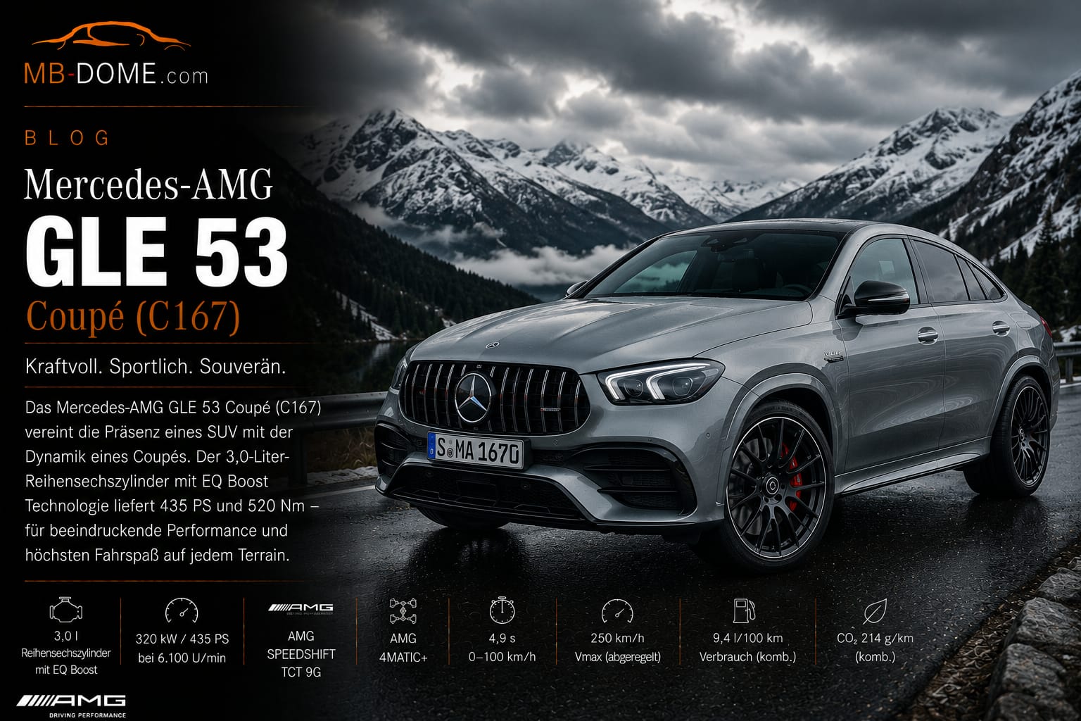 Graues Mercedes-AMG GLE 53 Coupé der Baureihe C167 in vorderer Dreiviertelansicht vor verschneiten Bergen