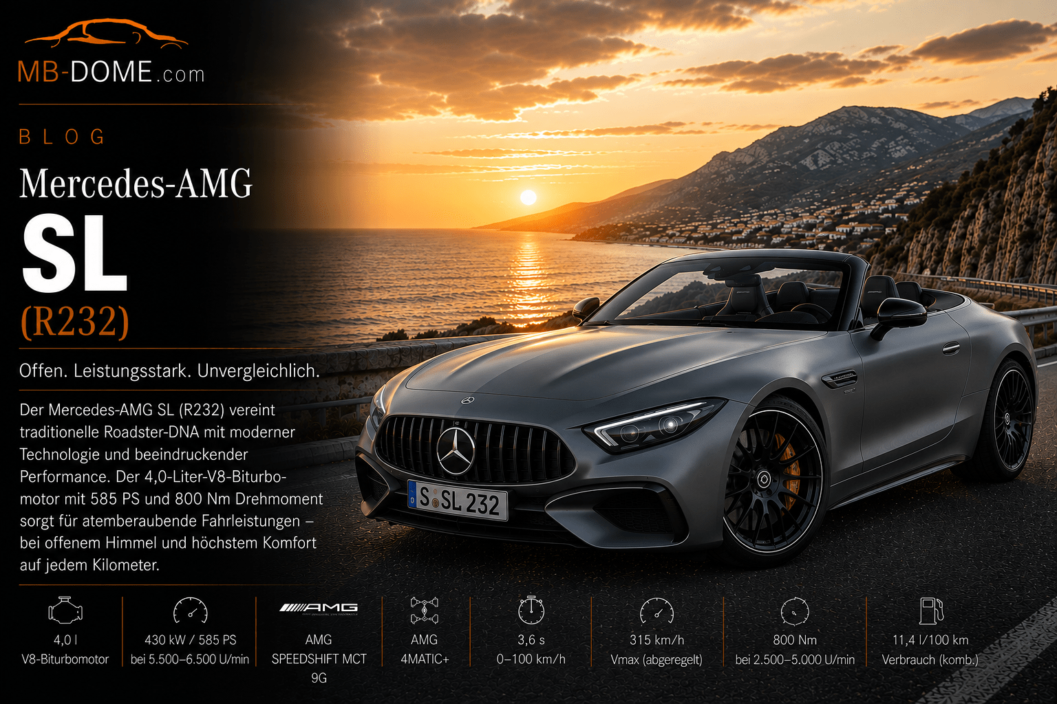 Grauer Mercedes-AMG SL der Baureihe R232 mit geöffnetem Verdeck auf einer Küstenstraße bei Sonnenuntergang