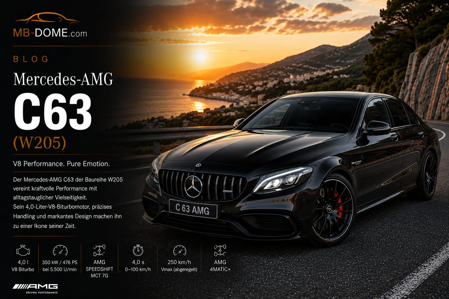 Schwarzer Mercedes-AMG C 63 W205 in Front-Dreiviertelansicht auf einer Küstenstraße bei Sonnenuntergang