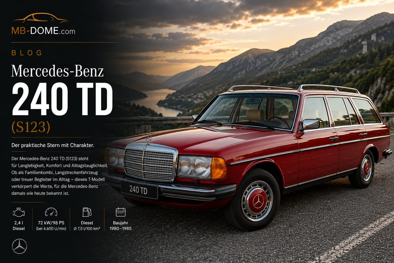 Roter Mercedes-Benz 240 TD S123 in Front-Dreiviertelansicht auf einer Bergstraße mit See im Abendlicht