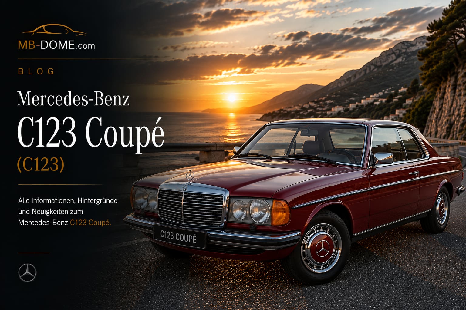 Dunkelrotes Mercedes-Benz C123 Coupé in Front-Dreiviertelansicht auf einer Küstenstraße bei Sonnenuntergang
