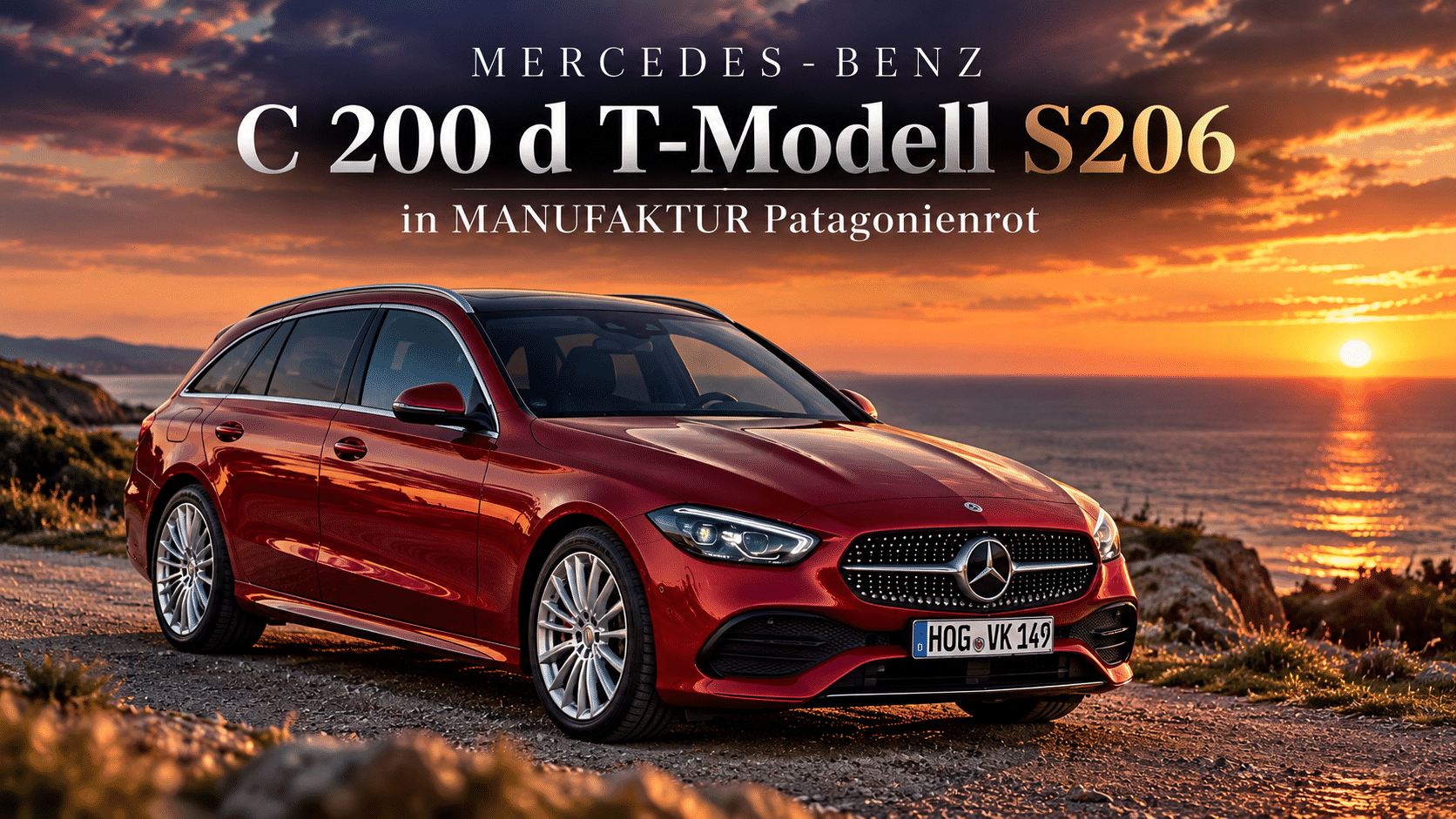 Mercedes-Benz C 200 d T-Modell S206 in MANUFAKTUR Patagonienrot aus vorderer Dreiviertelansicht an der Küste Bildtitel: Mercedes-Benz C 200 d T-Modell (S206) in Patagonienrot
