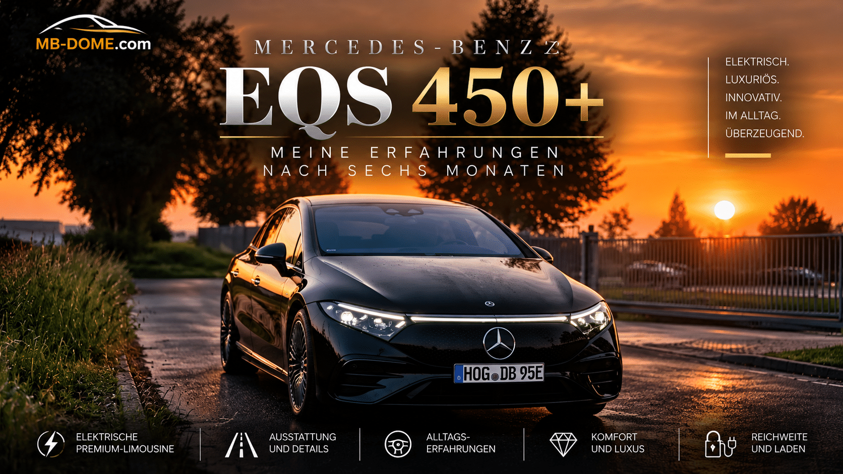 Schwarzer Mercedes-Benz EQS 450+ V297 in vorderer Dreiviertelansicht bei goldenem Sonnenuntergang