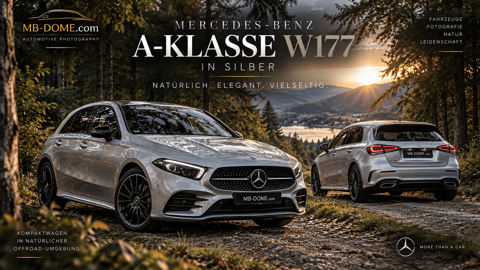 Zwei silberne Mercedes-Benz A-Klassen W177 in Front- und Heckdreiviertelansicht auf einem Waldweg am Bergsee