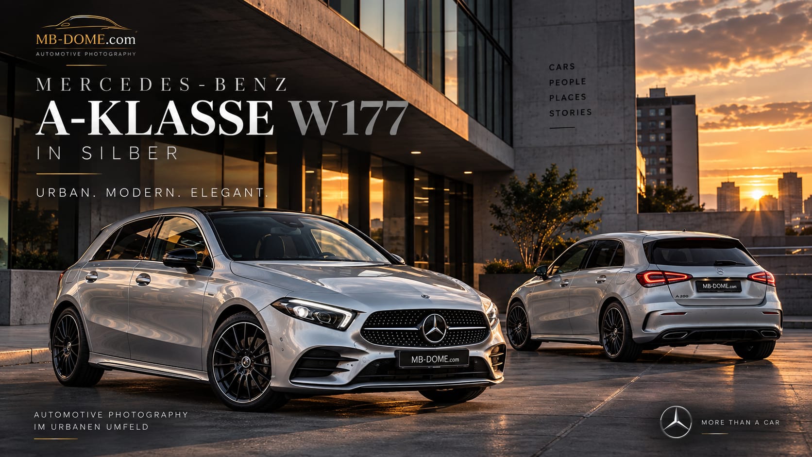 Zwei silberne Mercedes-Benz A-Klassen W177 in Front- und Heckdreiviertelansicht vor moderner Architektur