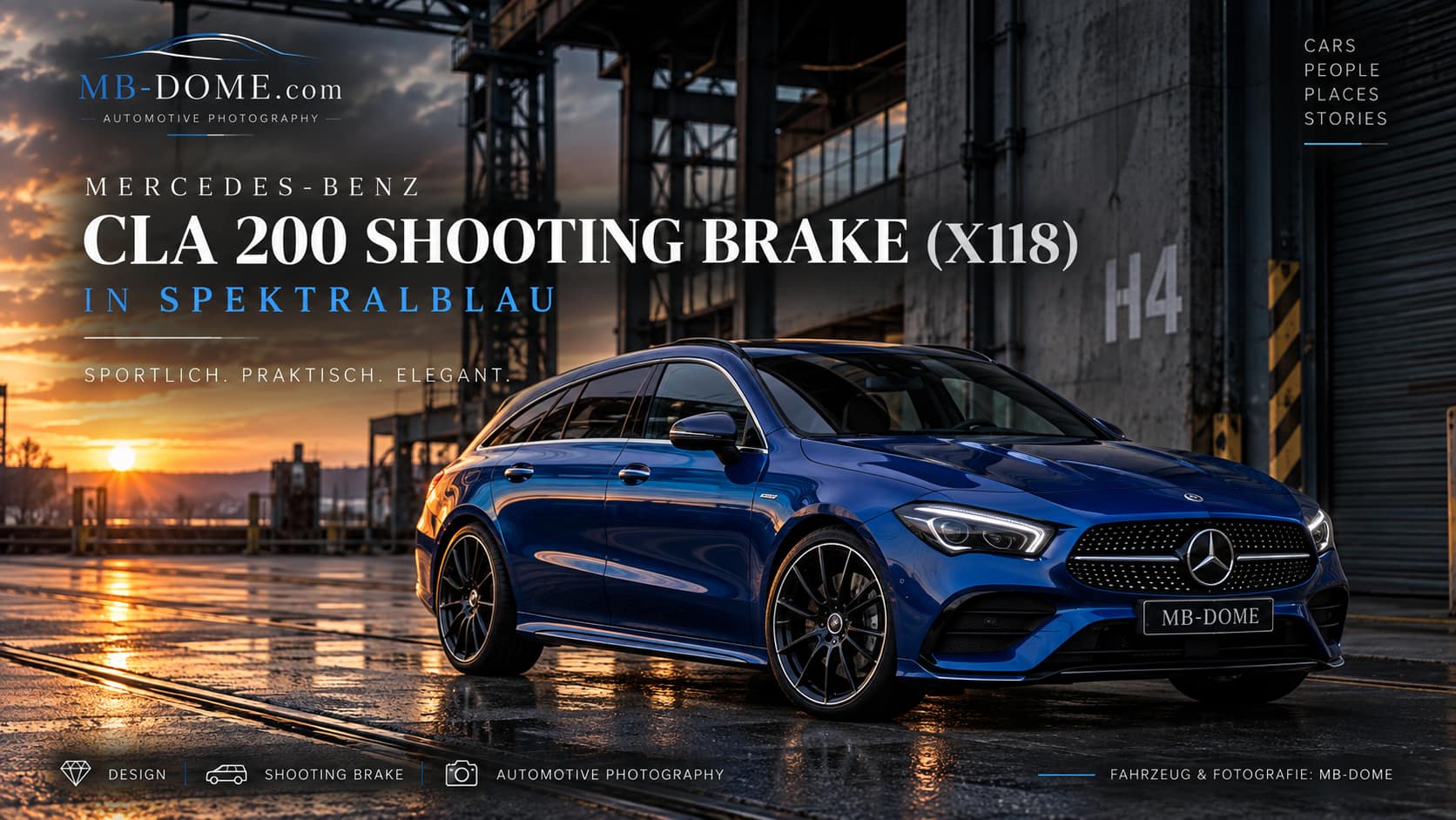 Spektralblauer Mercedes-Benz CLA 200 Shooting Brake X118 in vorderer Dreiviertelansicht vor einer Industriehalle