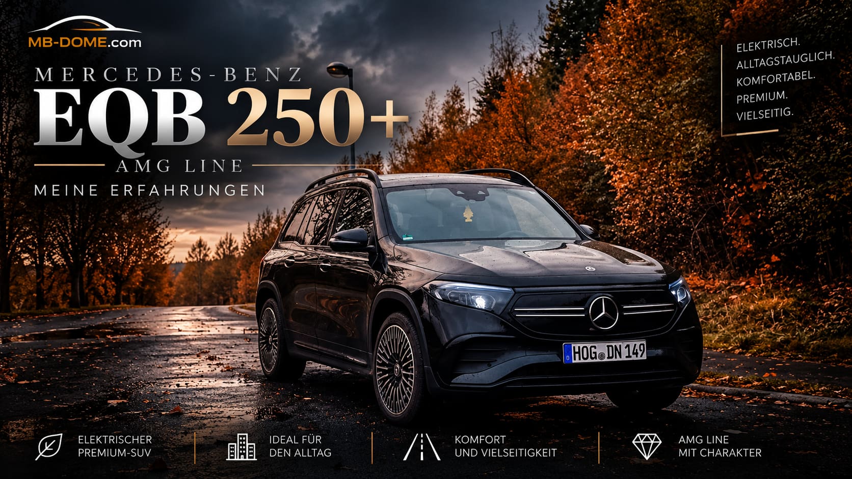 Dunkler Mercedes-Benz EQB 250+ X243 mit AMG Line in vorderer Dreiviertelansicht auf nasser Herbststraße