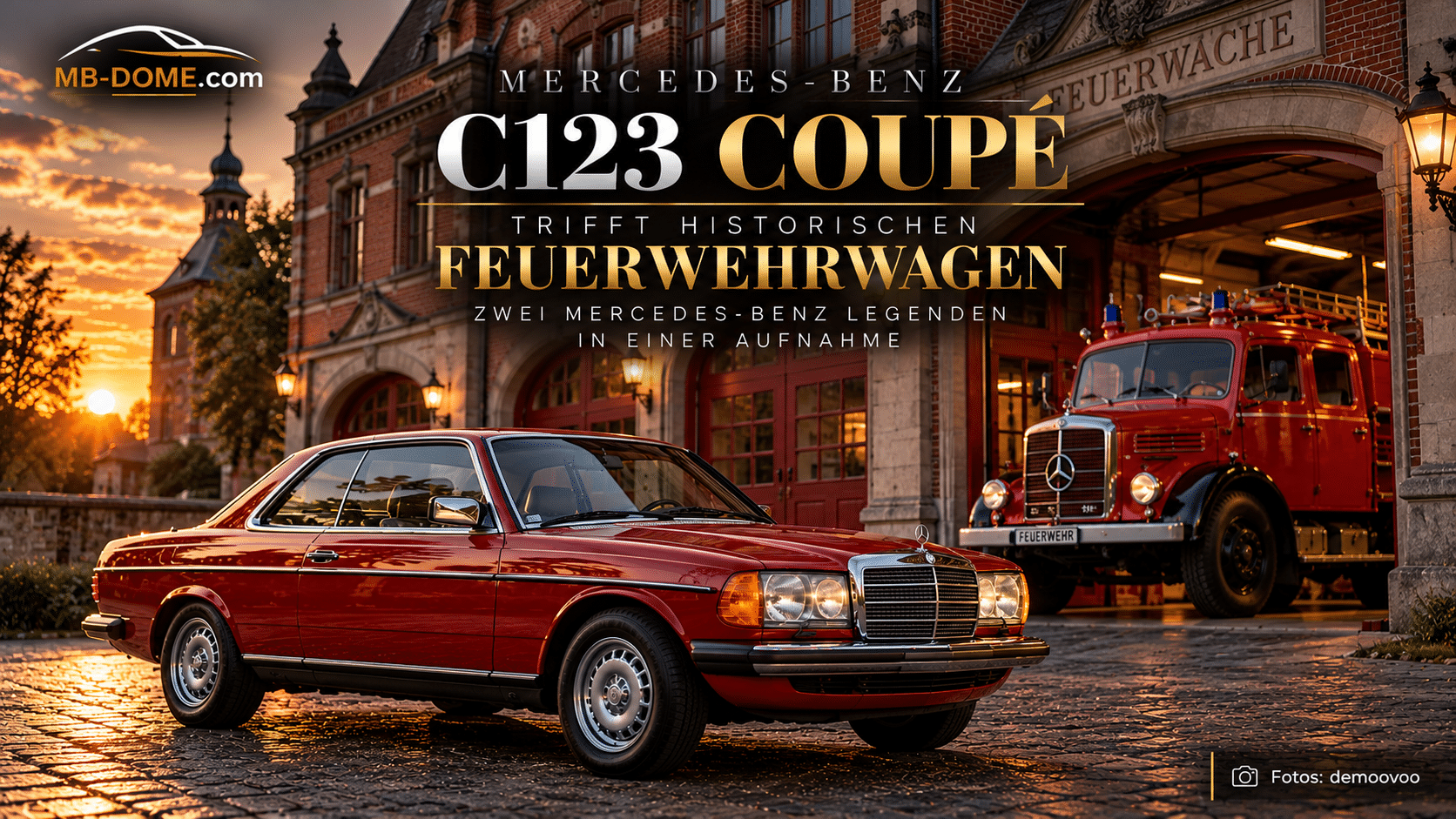 Rotes Mercedes-Benz C123 Coupé mit historischem Feuerwehrwagen vor einer alten Feuerwache im Abendlicht