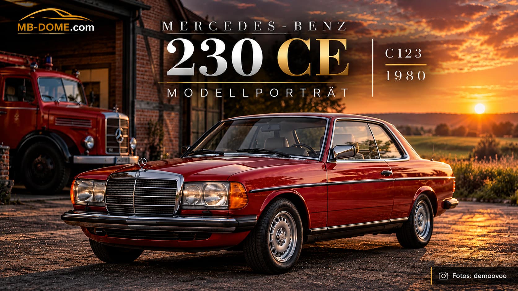 Roter Mercedes-Benz 230 CE C123 von 1980 vor historischem Mercedes-Feuerwehrwagen im Abendlicht
