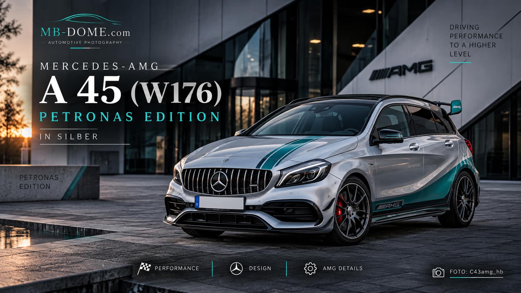 Silberner Mercedes-AMG A 45 W176 im Petronas-Design aus vorderer Dreiviertelansicht vor einem AMG-Gebäude