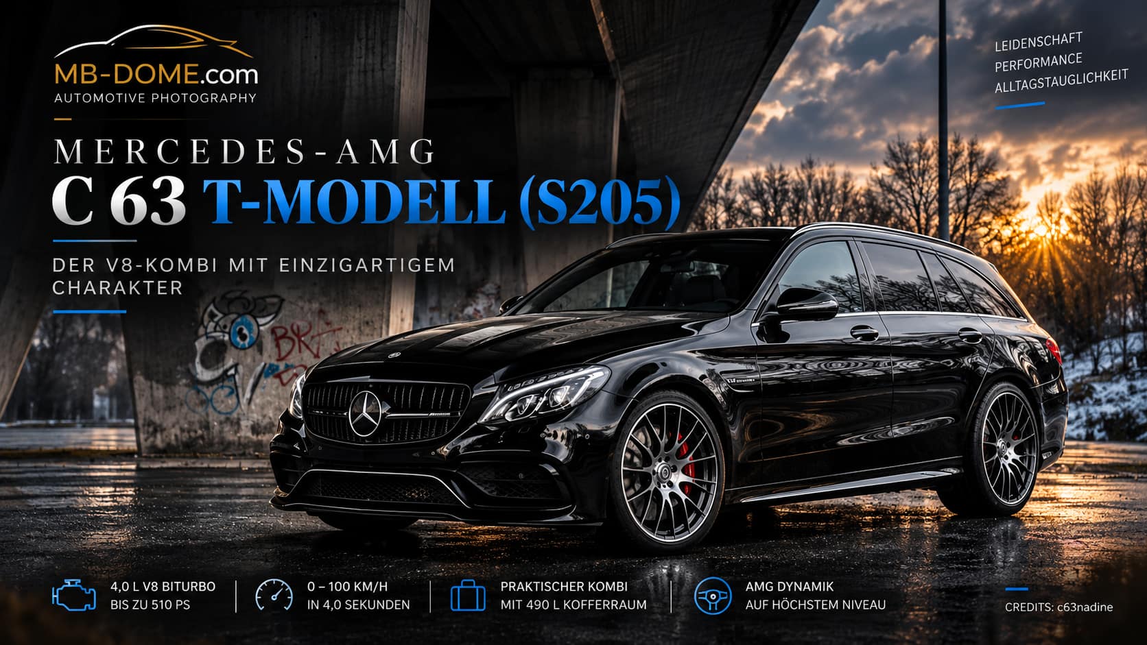 Schwarzes Mercedes-AMG C 63 T-Modell S205 in vorderer Dreiviertelansicht unter einer Betonbrücke bei Abendlicht