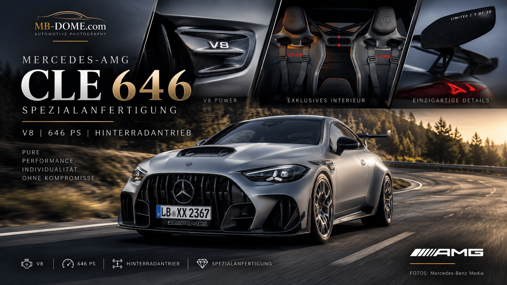Grauer Mercedes-AMG CLE 646 in vorderer Dreiviertelansicht auf einer Waldstraße mit V8-, Innenraum- und Heckdetails