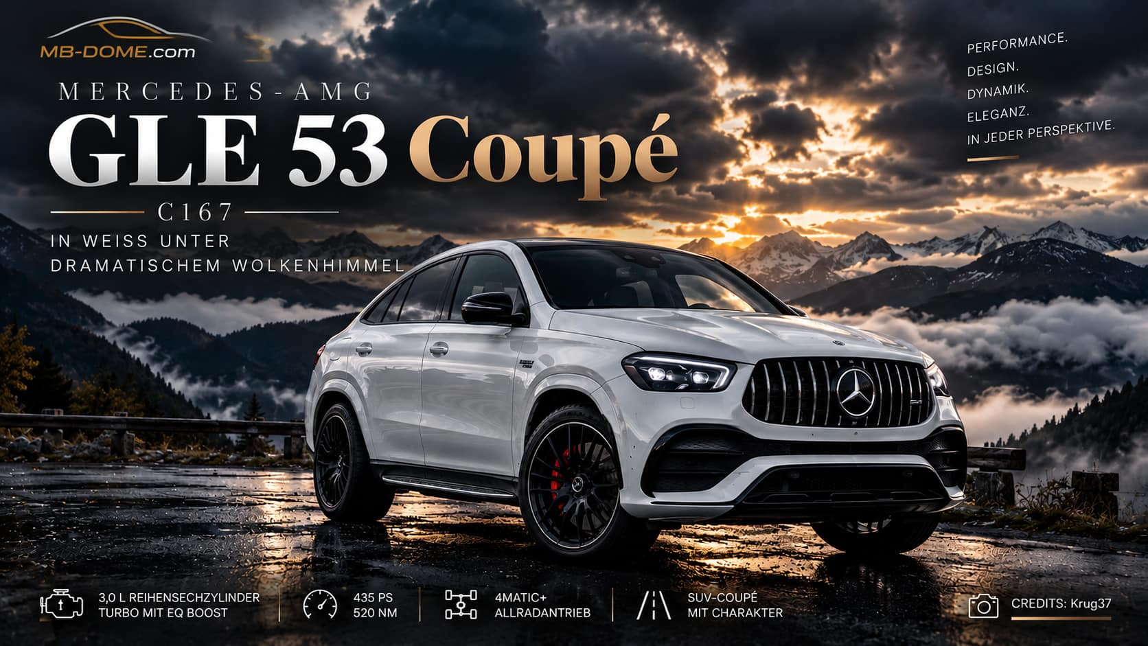 Weißes Mercedes-AMG GLE 53 Coupé C167 in vorderer Dreiviertelansicht vor dramatischer Bergkulisse