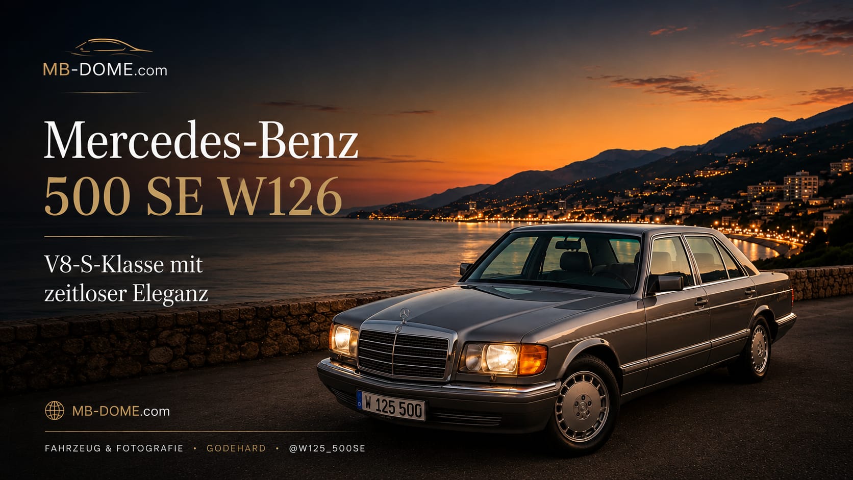 Grauer Mercedes-Benz 500 SE W126 in Front-Seitenansicht an einer Küste bei Sonnenuntergang