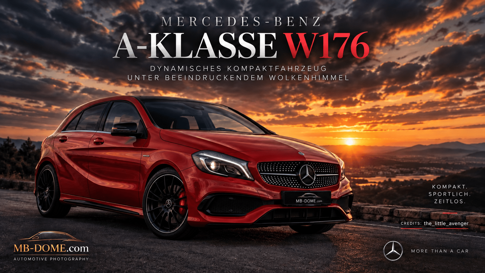 Rote Mercedes-Benz A-Klasse W176 in vorderer Dreiviertelansicht vor Berglandschaft und dramatischem Wolkenhimmel