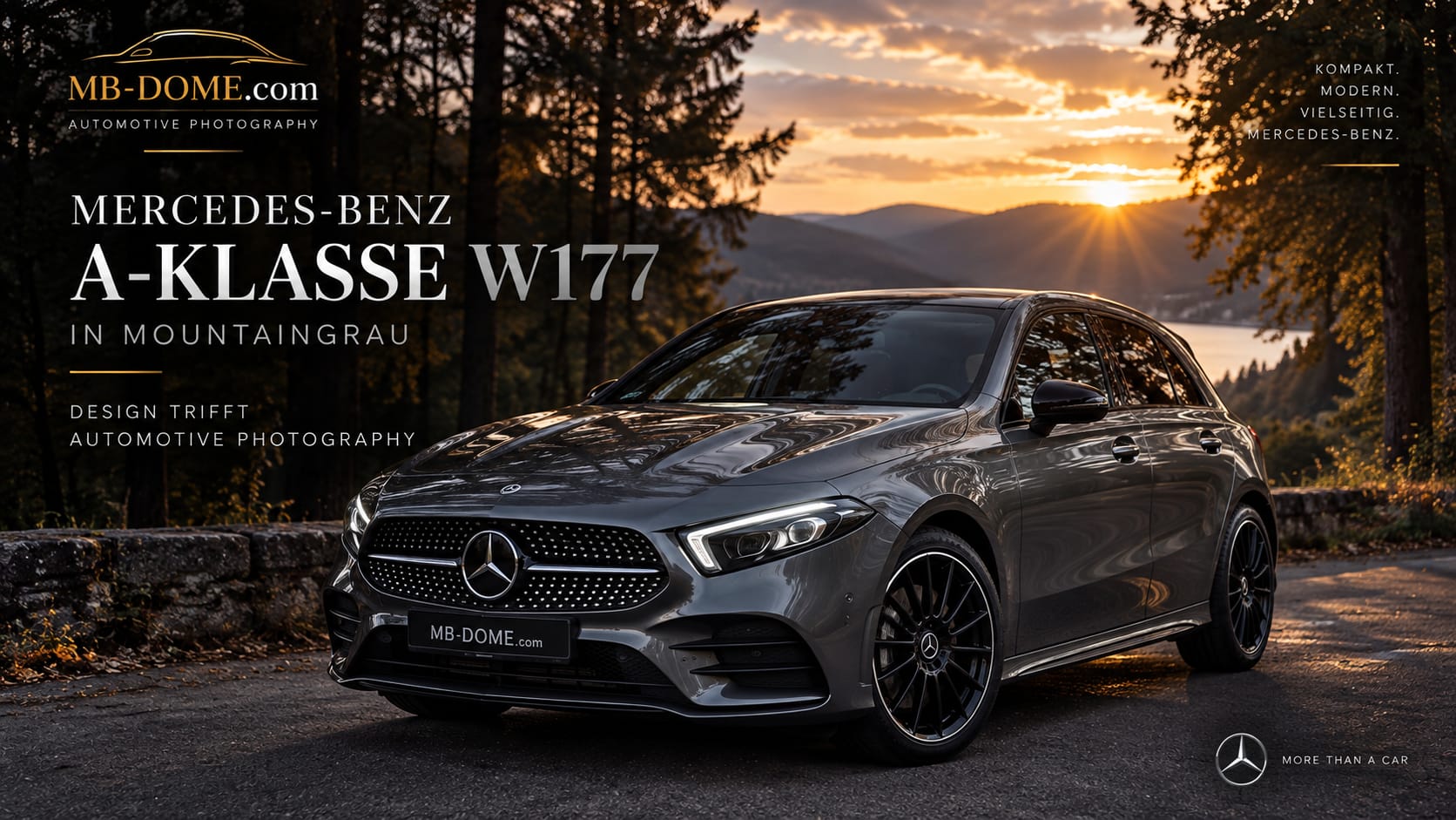 Mercedes-Benz A-Klasse W177 in Mountaingrau aus vorderer Dreiviertelansicht auf einer Waldstraße bei Sonnenuntergang
