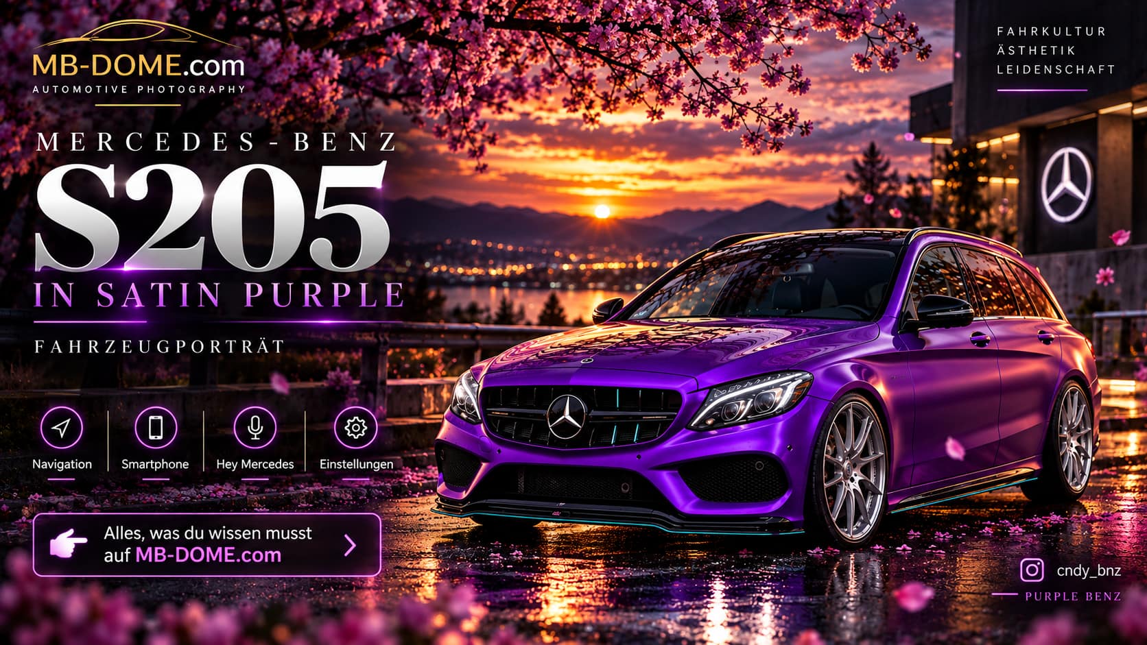 Mercedes-Benz C-Klasse T-Modell S205 in Satin Purple aus vorderer Dreiviertelansicht bei Sonnenuntergang
