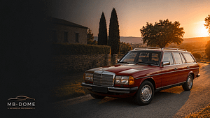 Roter Mercedes-Benz 240 TD (S123) in Front-Dreiviertelansicht auf einer Landstraße bei warmem Abendlicht – Kategorie-Header auf MB-DOME.