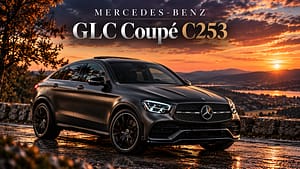 Dunkelgraues Mercedes-Benz GLC Coupé C253 in vorderer Dreiviertelansicht vor einer Berg- und Seekulisse Bildtitel: Mercedes-Benz GLC Coupé (C253) im Abendlicht