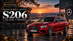 Rotes Mercedes-Benz C-Klasse T-Modell S206 in vorderer Dreiviertelansicht bei Sonnenuntergang