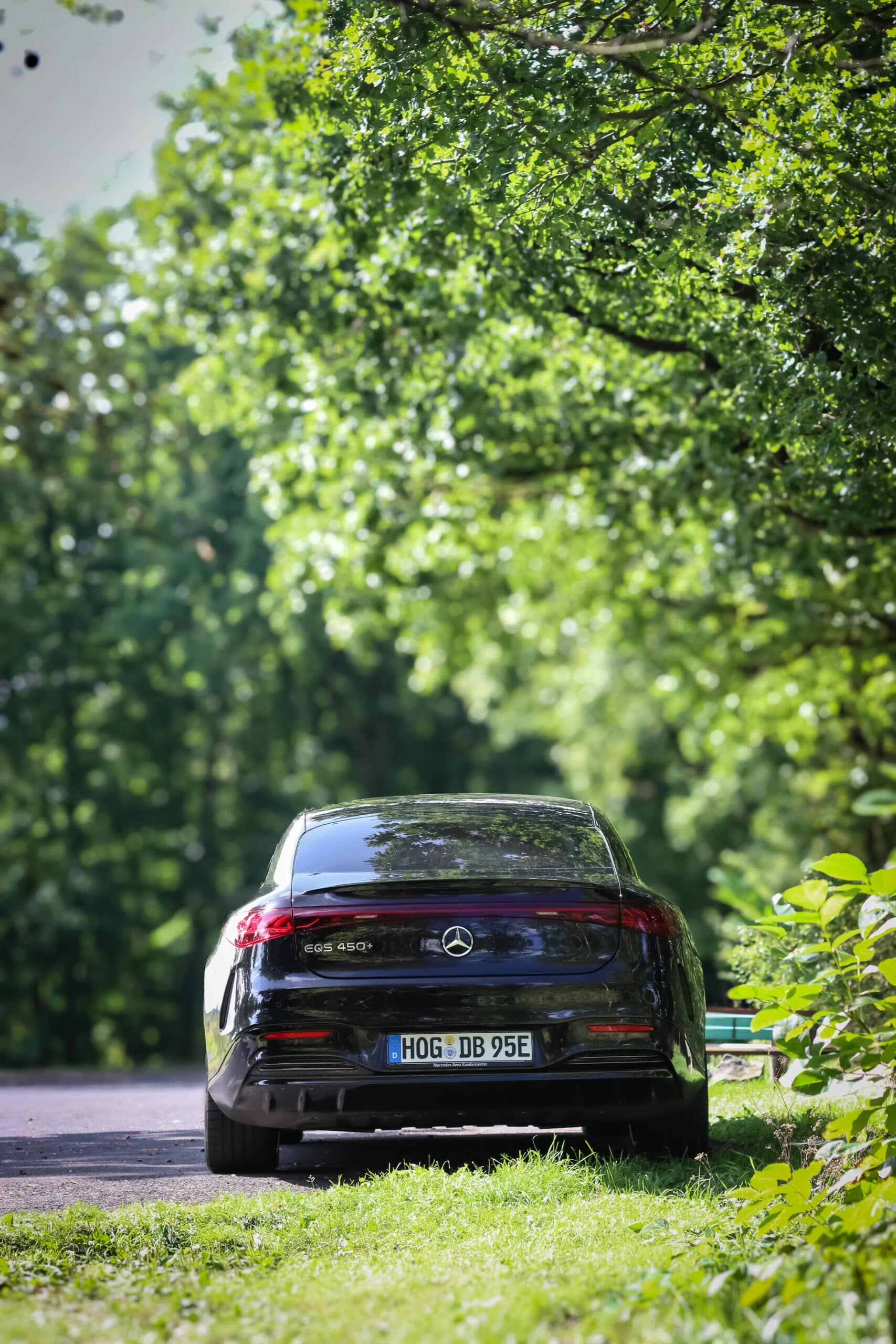 Mercedes-Benz EQS 450+ Heckansicht auf Waldstraße in grüner Natur