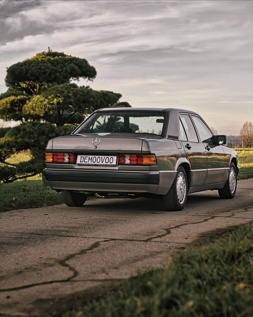 Mercedes 190E W201 Heckansicht klassisches Design im Grünen
